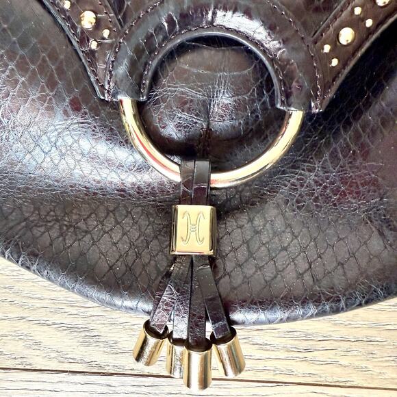 Cole Haan Collection Handbag Python Brown Studded Hobo Purse Faux Snakeskin - Picture 6 of 11